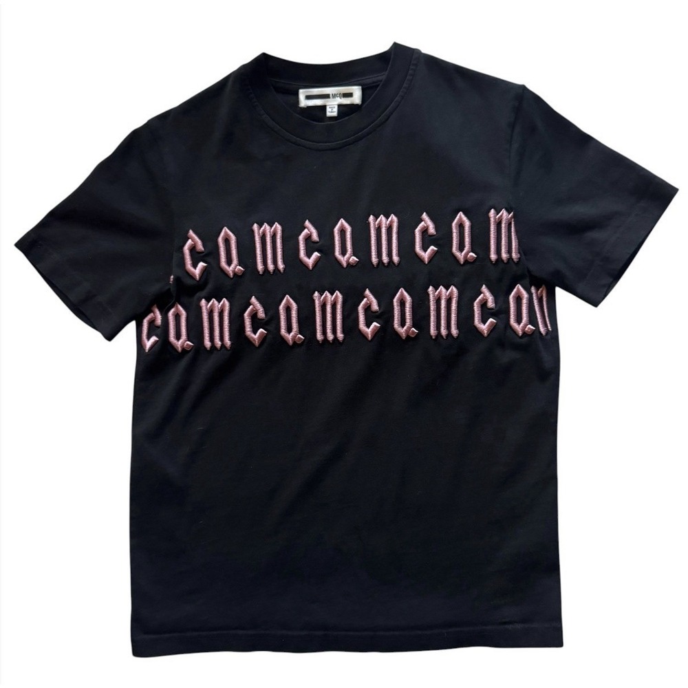 McQ Alexander McQueen Black & Pink Repeat Embroidered Logo T-Shirt XS